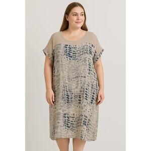 Lungo L'Arno Women's‎ Linen Dress Size 1X Beige Blue Italy Coastal Artsy Resort